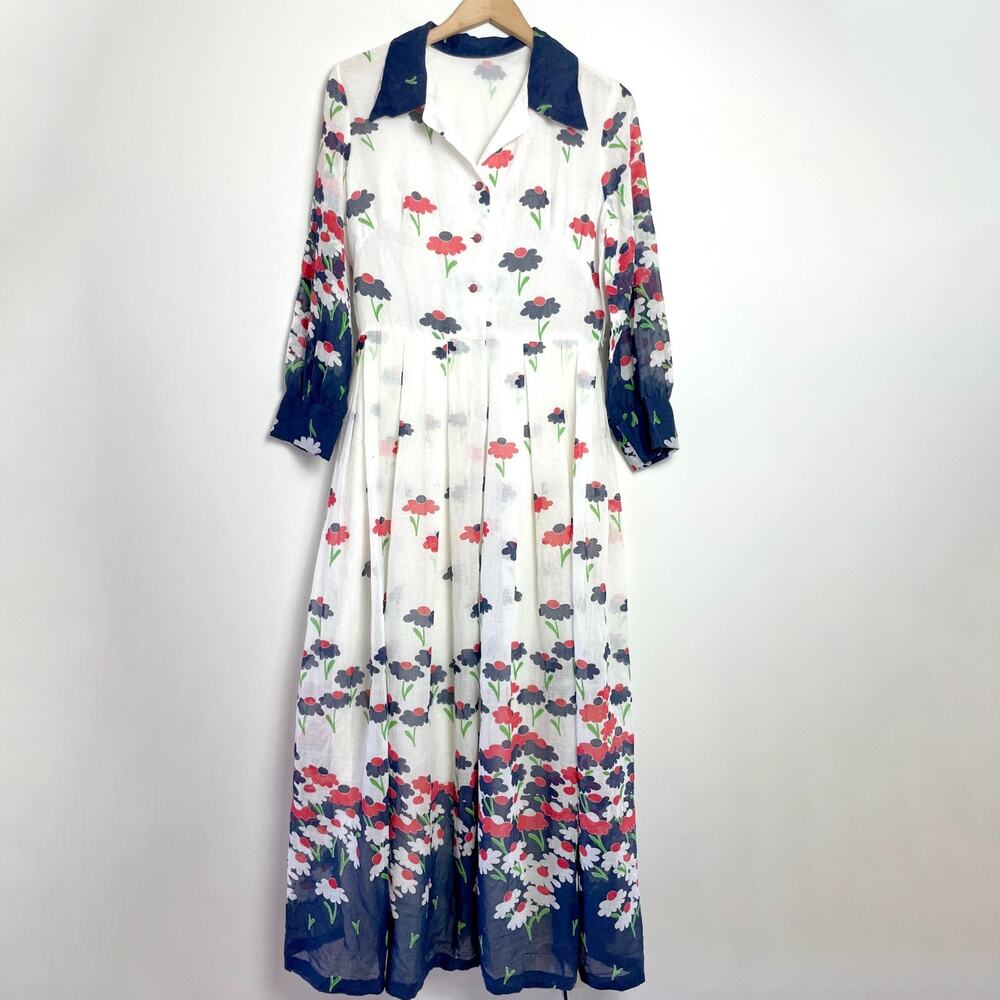 Vintage 70s Floral Maxi Dress Medium Sheer Retro Boho Romantic Statement - Picture 1 of 13